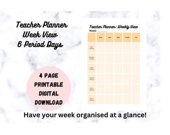 Weekly Teacher Planner - 6 Period Day - Week at a Glance - Printable Download - US Letter Size - A4 Size - A5 Size