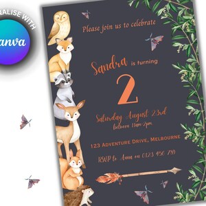 Editable Woodland Birthday Invitation Template | Adventure Awaits | Wild One | Woodland | Canva | Download Printable Invite | 02