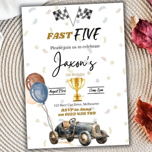 Bewerkbare sjabloon raceauto verjaardagsuitnodiging | Vintage | Vintage race | Trapauto | Canvas | Fast Five | Afdrukbare uitnodiging downloaden | 11