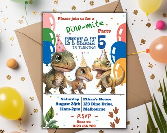 Plantilla editable de invitación de cumpleaños de dinosaurio / Cumpleaños de dinosaurio / Stomp Chomp & Roar / T-Rex / Descargar invitación imprimible / Canva / 09