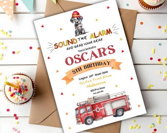 Editable Fire Truck Birthday Invitation Template | Fire Truck Party | Fire Engine Party | Fireman | Download Printable Invite | Canva | 01