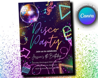 Disco Party 03 Birthday Invitation Neon Glow Disco Dance Party Invitation Digital DIY Editable Instant Download