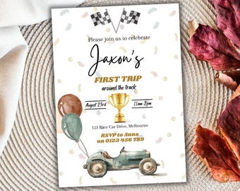 May include: A white invitation with confetti and a watercolor illustration of a blue race car. The invitation is for Jaxon's First Trip around the track on August 23rd from 11am to 2pm. The address is 123 Race Car Drive, Melbourne. RSVP to Anna on 0123 456 789.