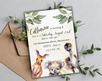 May include: A birthday party invitation with a watercolor illustration of a koala, a kangaroo, and an emu. The invitation is for Catharine's 2nd birthday party on Saturday, August 23rd, between 11am and 2pm. The address is 123 Adventure Drive, Melbourne. RSVP to Ama at 0123 456 759.