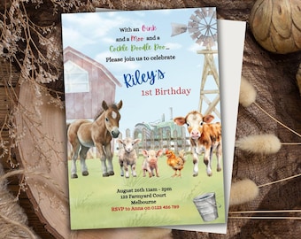 Editable Farm Animals Birthday Invitation Template | Barnyard Party Invitation | Farm Animals Party |Download Printable Invite | Canva | 01
