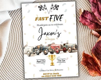May include: A white invitation with gold text and confetti for a 5th birthday party. The invitation says "Fast Five" and "Jaxon's 5th Birthday". The invitation also includes a date, time, address, and RSVP information.