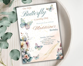 Bearbeitbare Schmetterlings-Geburtstagseinladungsvorlage | Schmetterling-Geburtstags-Einladung | Schmetterling | Download Druckbare einladen | Leinwand | 03