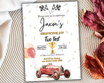 Editable Race Car Birthday Invitation Template | Vintage | Race | Pedal Car | Canva | Growing Up Two Fast | Download Printable Invite | 14