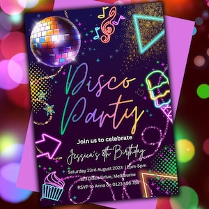 Editable Disco Party Birthday Invitation Template | Disco | Neon Glow Dance Party | Neon Glow | Download Printable Invite | Canva | 03