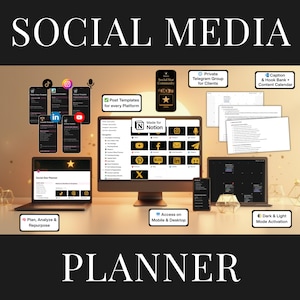 May include: A digital social media planner with the words "SOCIAL MEDIA" and "PLANNER" in large white text. The image shows a laptop, desktop computer, and mobile devices displaying social media platform icons and features.