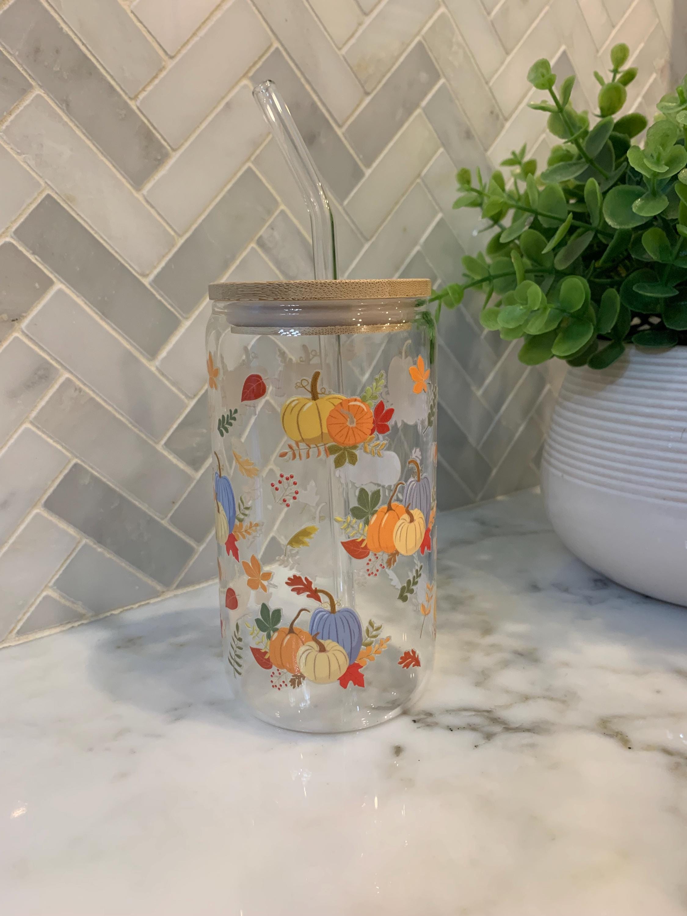Pumpkin Glass Can Coffee Cup With Lid and Straw, Fall Coffee Mug, Fall ...