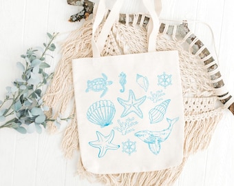 Seashell and Ocean Tote Bag | Coastal Canvas Beach Bag | Sea Creature Tote | Summer Bag for Women | Ocean Lover Gift