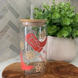 Cowgirl Iced Coffee Cup, Cowgirl Boots and Horseshoes Iced Coffee Cup, 160z Glass Tumbler with Lid and Straw