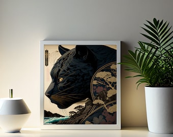 Black Panther Inspired By Tsuchiya Koitsu, Japanese Art, Ukiyoe poster, Ukiyo-e, Japanese Print, Edo Period, Japan Print, Digital Print