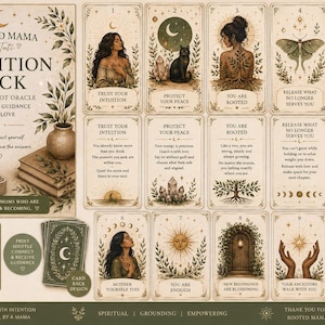 Könnte beinhalten: Ein Rooted Mama Intuition Deck mit 30 Tarot-Orakelkarten auf beigem Hintergrund mit braunen Illustrationen. Die Karten zeigen verschiedene Motive wie eine Frau, eine Katze, einen Falter, eine Kaffeetasse, eine Sonne, eine Tür und Hände mit Text.