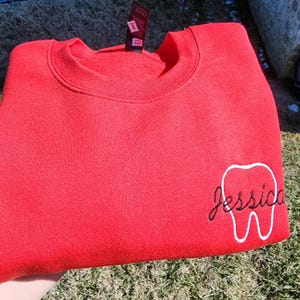 Personalized Dental Themed Embroidered Sweatshirt, Tooth outline with name, Dental Assistant Dental Worker Gifts,Dental Student Cute Sweater