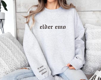 elder emo embroidered crewneck sweatshirt, it was never a phase on the sleeve detail, custom goth punk rock emo apparel, feral mom goth gift