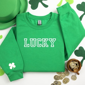 Lucky Embroidered Sweatshirt with sleeve detail, St Patty&#39;s day Sweatshirt, Women&#39;s Lucky Crewneck, Embroidered 4 leaf clover Lucky Sweater