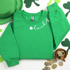 Embroidered St Patricks day Sweatshirt, St Patty&#39;s day Lucky Crewneck Sweatshirt, Neckline Embroidered 4 leaf clover Lucky Sweater Shamrock