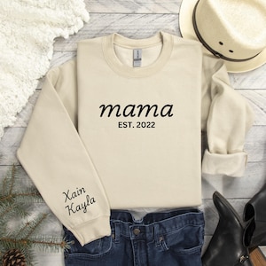 Custom Embroidered Mama Sweatshirt With Kids Names On Sleeve, Personalized Mom Embroidery Hoodie, Birthday Outfits, Baby Announcement Gifts
