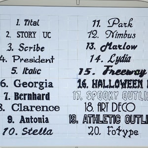 May include: A grid displays 20 different font styles, each numbered and labeled. The fonts vary in style, including serif, sans-serif, and script. Some notable font names include "Georgia", "Freeway", and "Halloween UC".