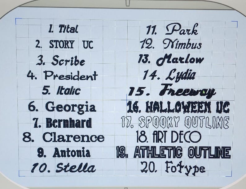 May include: A grid displays 20 different font styles, each numbered and labeled. The fonts vary in style, including serif, sans-serif, and script. Some notable font names include "Georgia", "Freeway", and "Halloween UC".