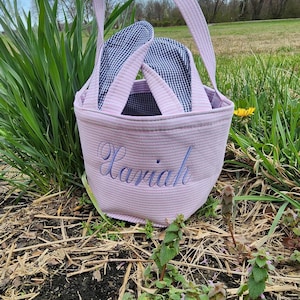 Embroidered Easter Basket Seersucker ,Custom Monogram Personalized Basket, Easter Personalized Seersucker for Boy Girl Child Kid Gift