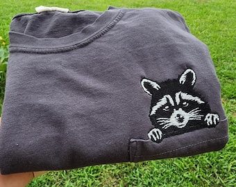Raccoon pocket t-shirt, comfort colors embroidered shirt, cute raccoon pocket tee, cute every day tee, gift for her, trendy trash panda