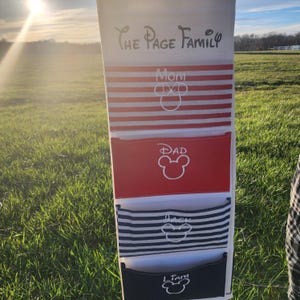 May include: A white fabric organizer with four pockets, each labeled with a family member's name. The top pocket reads "The Page Family." The pockets feature red and white stripes, black and white stripes, and solid black. Each pocket has a Mickey Mouse design.