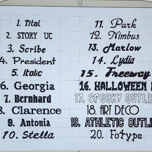 May include: A list of 20 font names, numbered 1 through 20. The font names are written in the corresponding font style. The font names include: Tital, STORY UC, Scribe, President, Italic, Georgia, Bernhard, Clarence, Antonia, Stella, Park, Nimbus, Marlow, Lydia, Freeway, HALLOWEEN UC, SPOOKY OUTLINE, ART DECO, ATHLETIC OUTLINE, and Fotype.