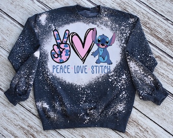 Peace Love Stitch gebleekt sweatshirt, schattige Stitch Peace-trui voor tiener of moeder, schattig Disney-sweater, unieke trui, leuke trui