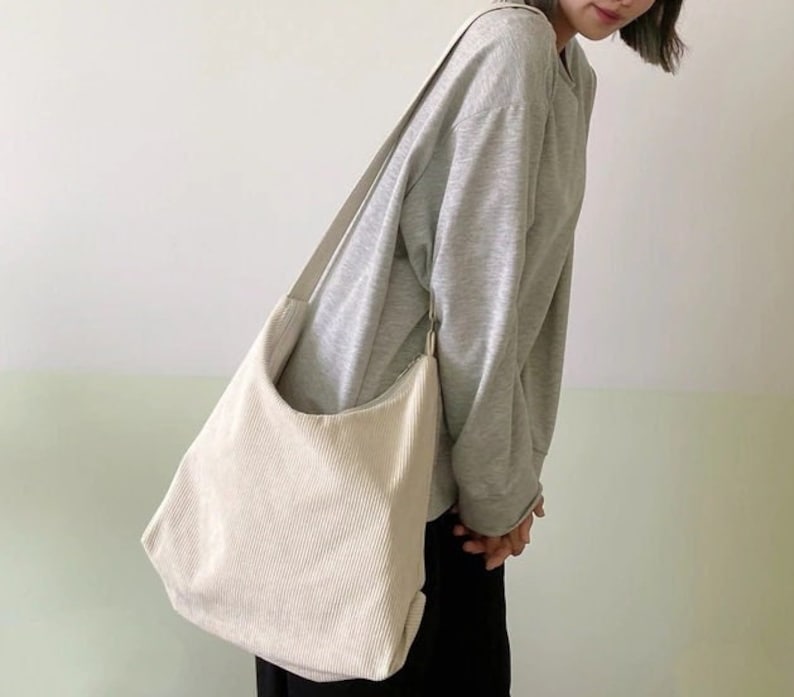 Stripped Corduroy Tote Bag, Canvas Zipper, Minimalist Crossbody & Shoulder Bag, School Bag, Casual Bag, Lightweight Daily Bag, Vintage Bag image 2