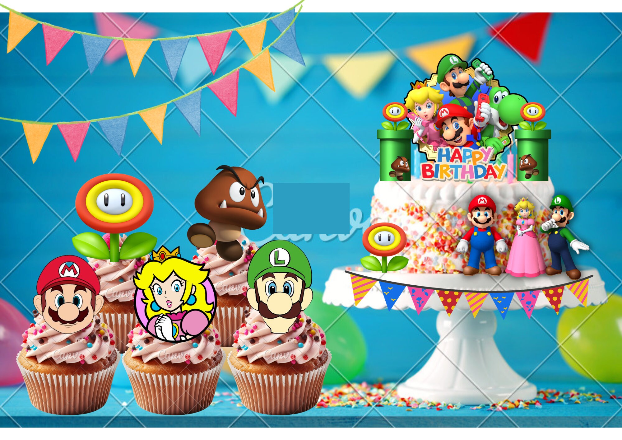 Super Mario Cake and Cupcake Topper Editable Template, Mario and Luigi ...
