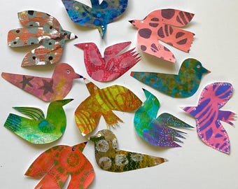 Hand-Painted Paper Birds Colorful Gelli Print Birds Set of 12
