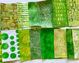 Mixed Media Gel-gedruckte Papiere in grünen Farbtönen, Packung mit 15 Kunstseiten, grüne Geldrucke, veränderte Bücher, Papier Ephemera, Junk Journals, Karten