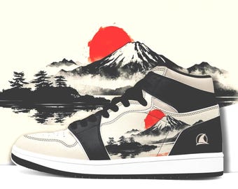 Japanese Art High Top Sneakers, Mountain Landscape Shoes, Streetwear