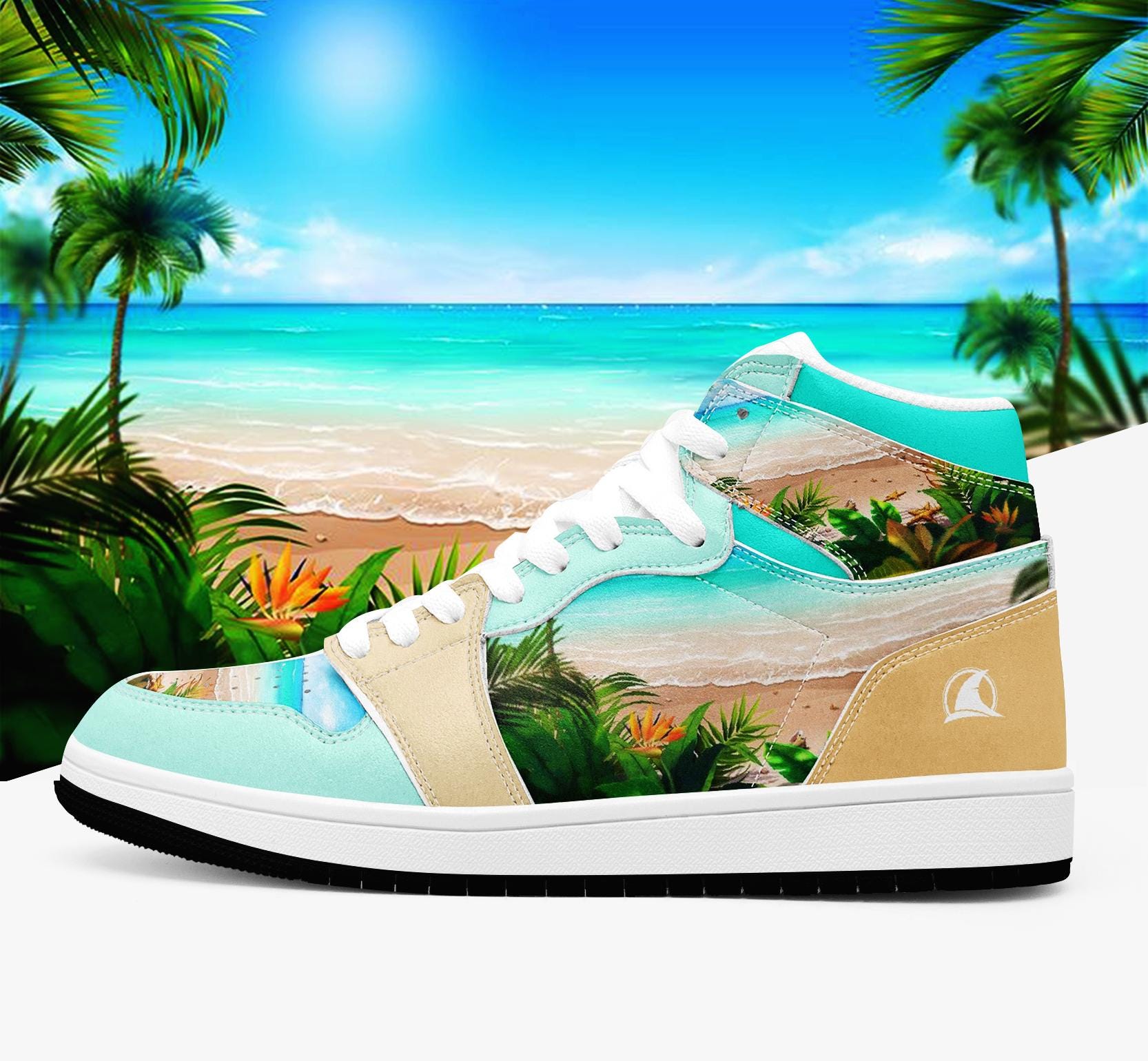 Tropical Beach High Top Sneakers, Summer Ocean Palm Tree Shoes