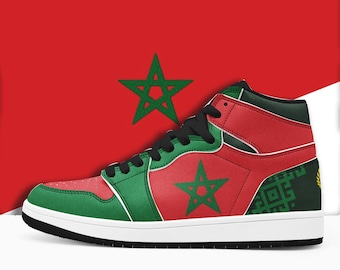 Baskets montantes drapeau marocain, chaussures streetwear culturelles étoile verte rouge