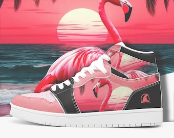 Tropical Flamingo Leather High Top Shoes, Summer Vacation Style