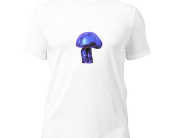 Könnte beinhalten: Weißes T-Shirt mit einem auffälligen blauen Pilz-Motiv. Das Pilz-Design hat eine mosaikartige Textur, die einen einzigartigen visuellen Effekt erzeugt. Das Shirt ist ein klassischer Rundhals-Stil.