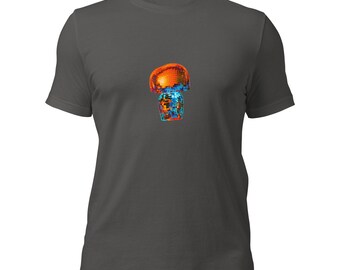 Könnte beinhalten: Dunkelgraues T-Shirt mit einem farbenfrohen Pilz-Motiv. Das Pilz-Design hat ein mosaikartiges Aussehen mit orangefarbenen, blauen und türkisfarbenen Farbtönen. Das T-Shirt hat einen Rundhalsausschnitt und kurze Ärmel.