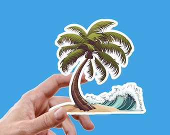 Palm Tree on the Beach with Waves Sticker / Beach Sticker / Palm Tree Sticker / Water Bottle Sticker / Cell Phone Sticker