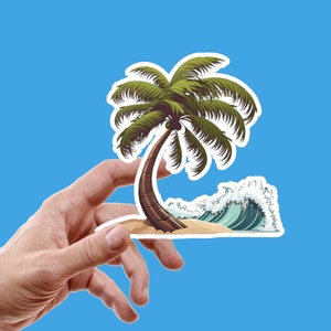 Palm Tree on the Beach with Waves Sticker / Beach Sticker / Palm Tree Sticker / Water Bottle Sticker / Cell Phone Sticker