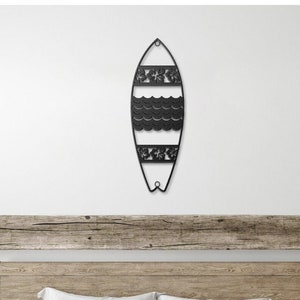 Surfboard with Waves and Flowers Metal Wall Art / Beach Surfboard with Hibiscus/ Beach House Decor / Surfboard Wall Art