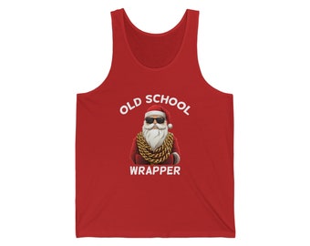 May include: Red tank top with the words "OLD SCHOOL WRAPPER" in white. The graphic features Santa Claus wearing sunglasses and a gold chain. The Santa Claus graphic is in the center of the tank top.