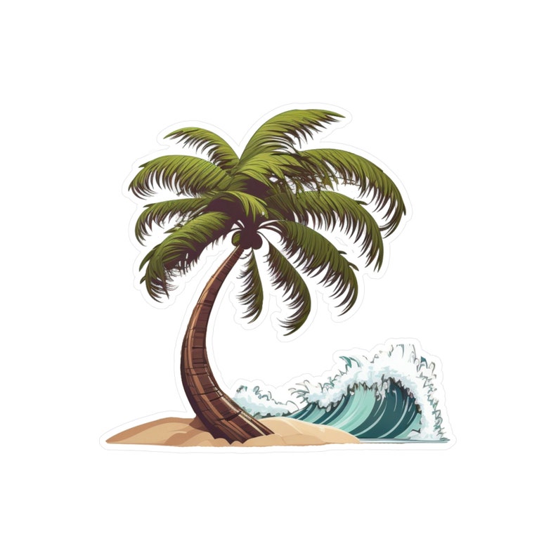 K&ouml;nnte beinhalten: Ein gr&uuml;ner Palmenbaum mit braunem Stamm steht auf einem kleinen Sandstrand mit einer blauen Welle, die dahinter bricht.