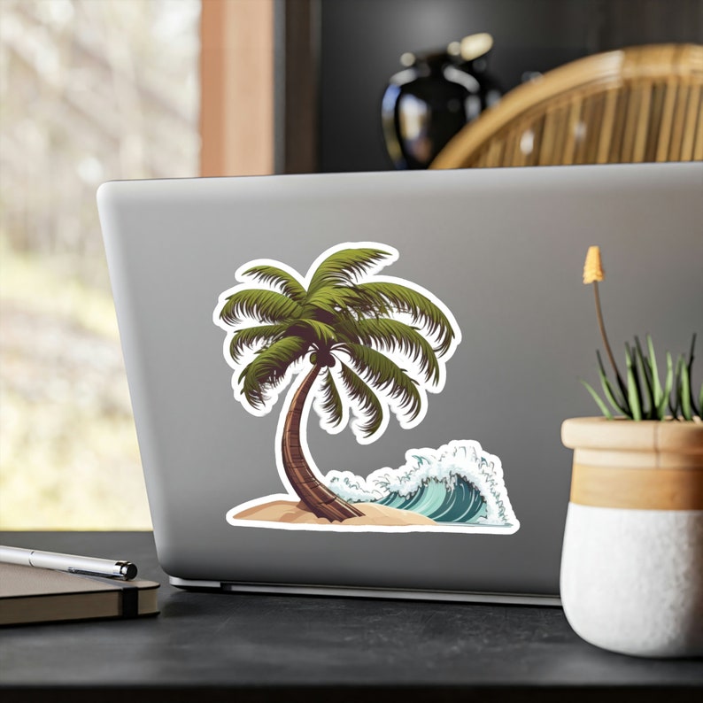 Palme am Strand mit Wellen Sticker / Strand Sticker / Palme Sticker / Wasserflasche Sticker / Handy Sticker Bild 4