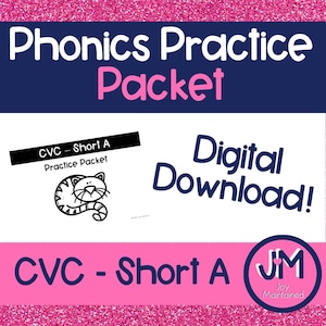 CVC - Short A - Practice Packet - Digital Download - Phonics Skills Worksheets - Kindergarten - 1st Grade Literacy