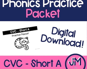 CVC - Short A - Practice Packet - Digital Download - Phonics Skills Worksheets - Kindergarten - 1st Grade Literacy