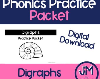 Digraphs Practice Packet - Digital Download - Phonics Skills Worksheets - Kindergarten - 1st Grade Literacy
